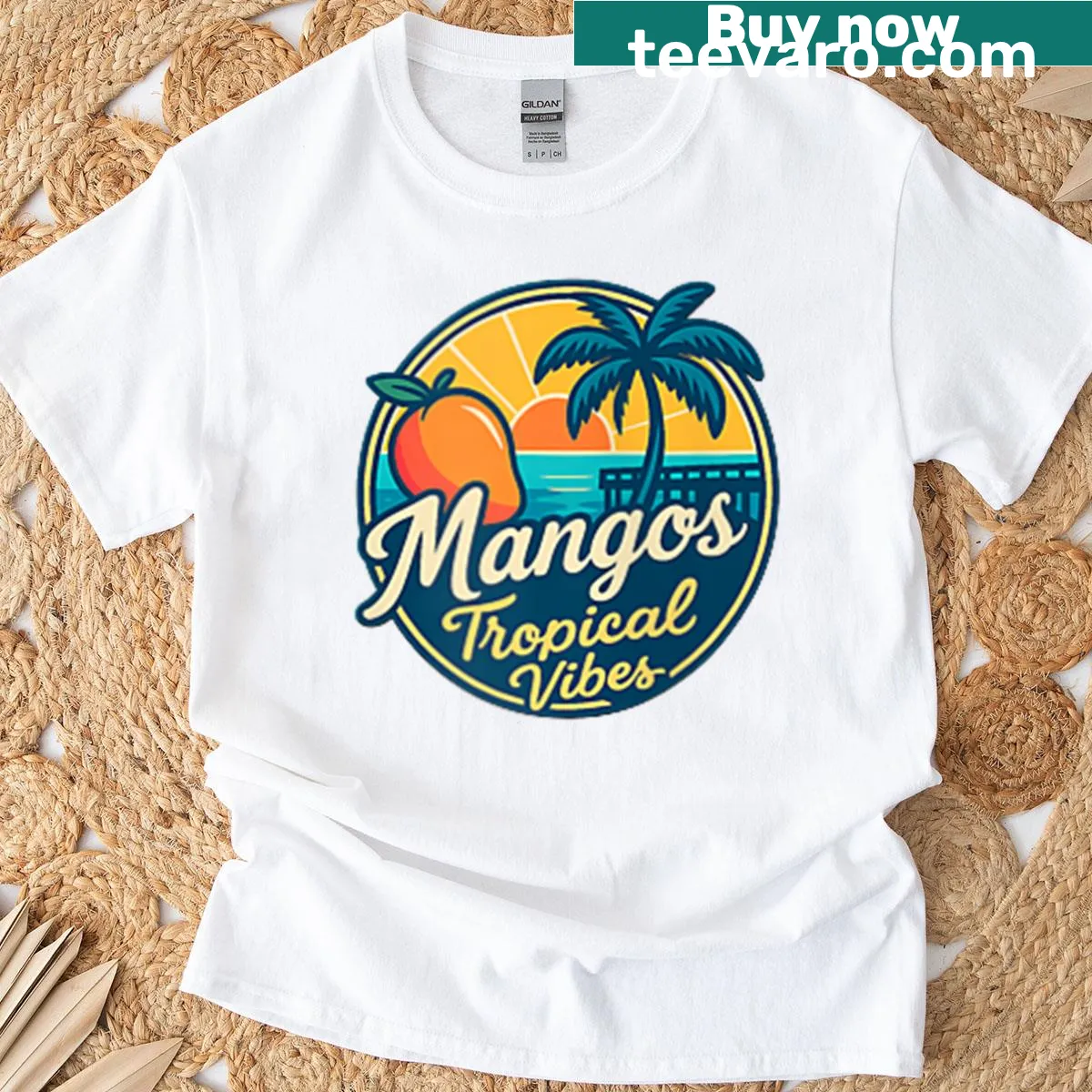 Tropical vibes t-shirt featuring playful mango design — on a men's t-shirt