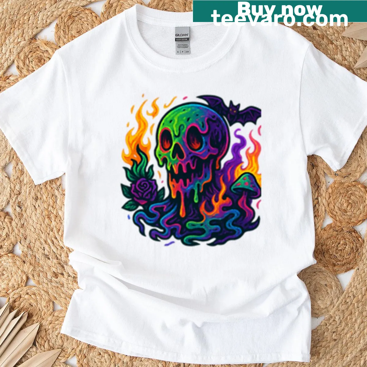 Grunge design featuring a melting skull with flowers on a t-shirt. — on a men's t-shirt