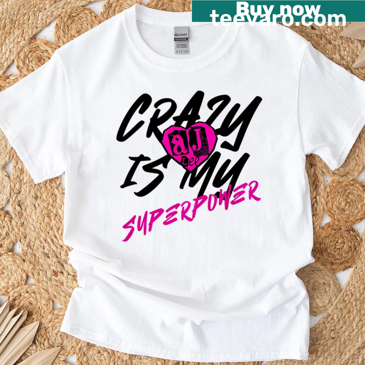 Boxy white T-shirt with AJ Lee inspired graphic reading 'Love Bites Back' — on a men's t-shirt