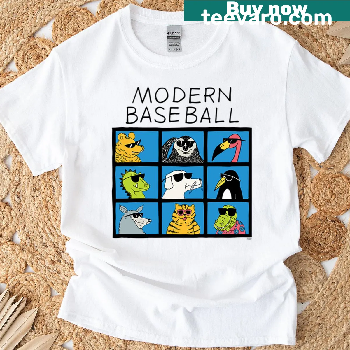 Cartoon animals enjoying baseball on a playful T-shirt — on a men's t-shirt