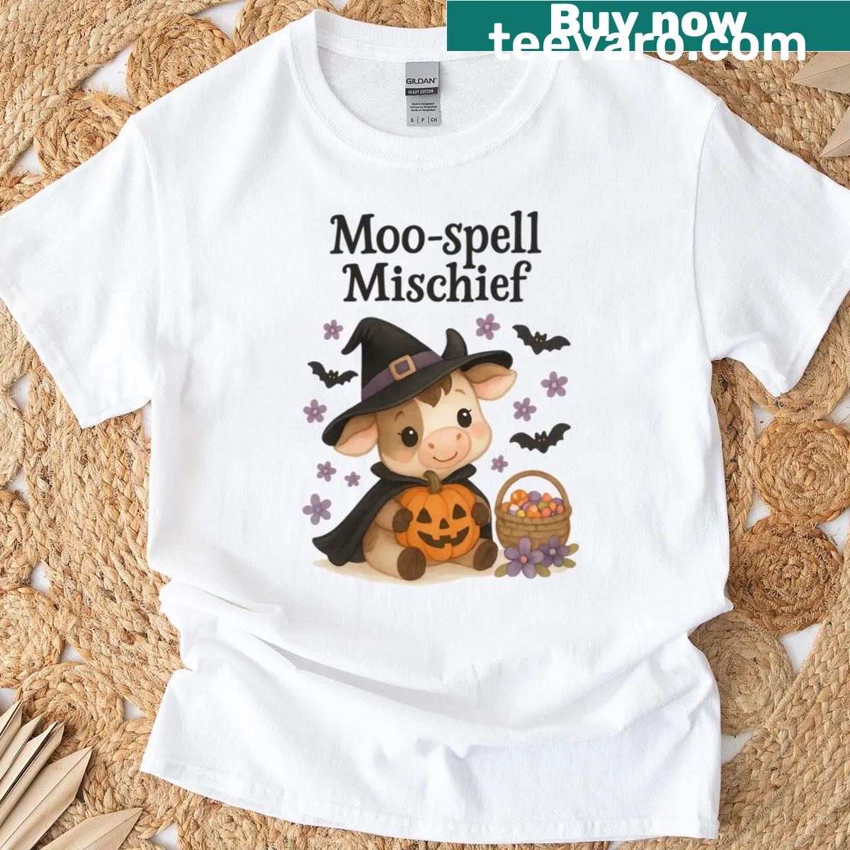 Cute t-shirt with a witch cow design for Halloween. — on a men's t-shirt