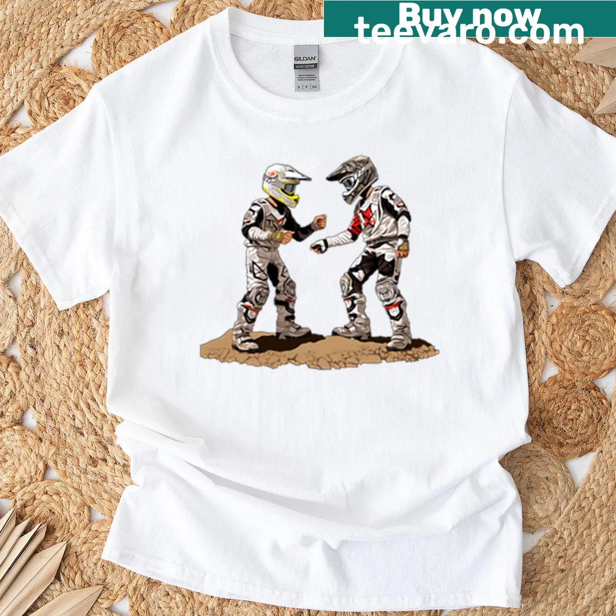 Graphic tee featuring an action-packed motorcycle scene. — on a men's t-shirt