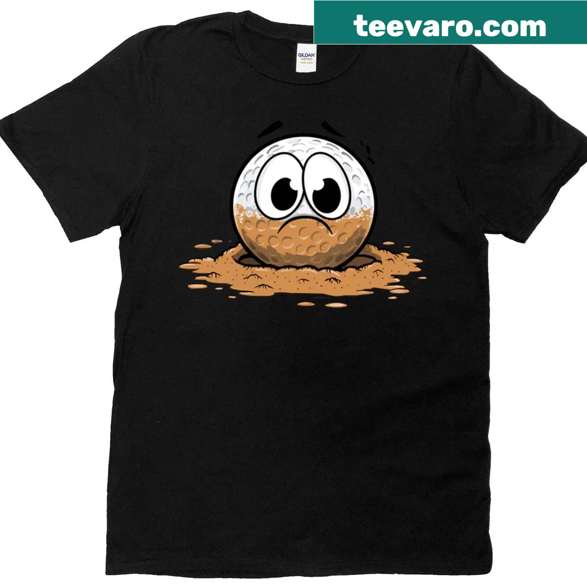 Funny shirt with cartoon muddy golf ball design — on a men's t-shirt