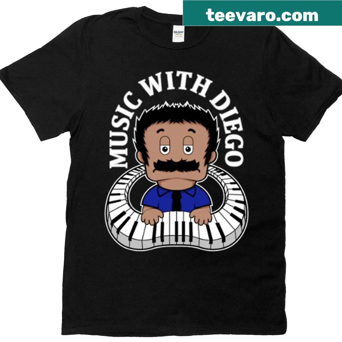 Illustration celebrating music with a character named Diego — on a men's t-shirt