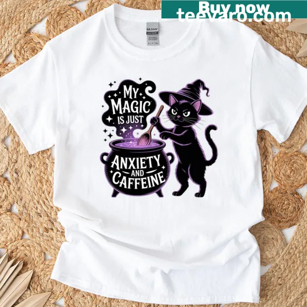 Illustration of a witchy cat with whimsical elements