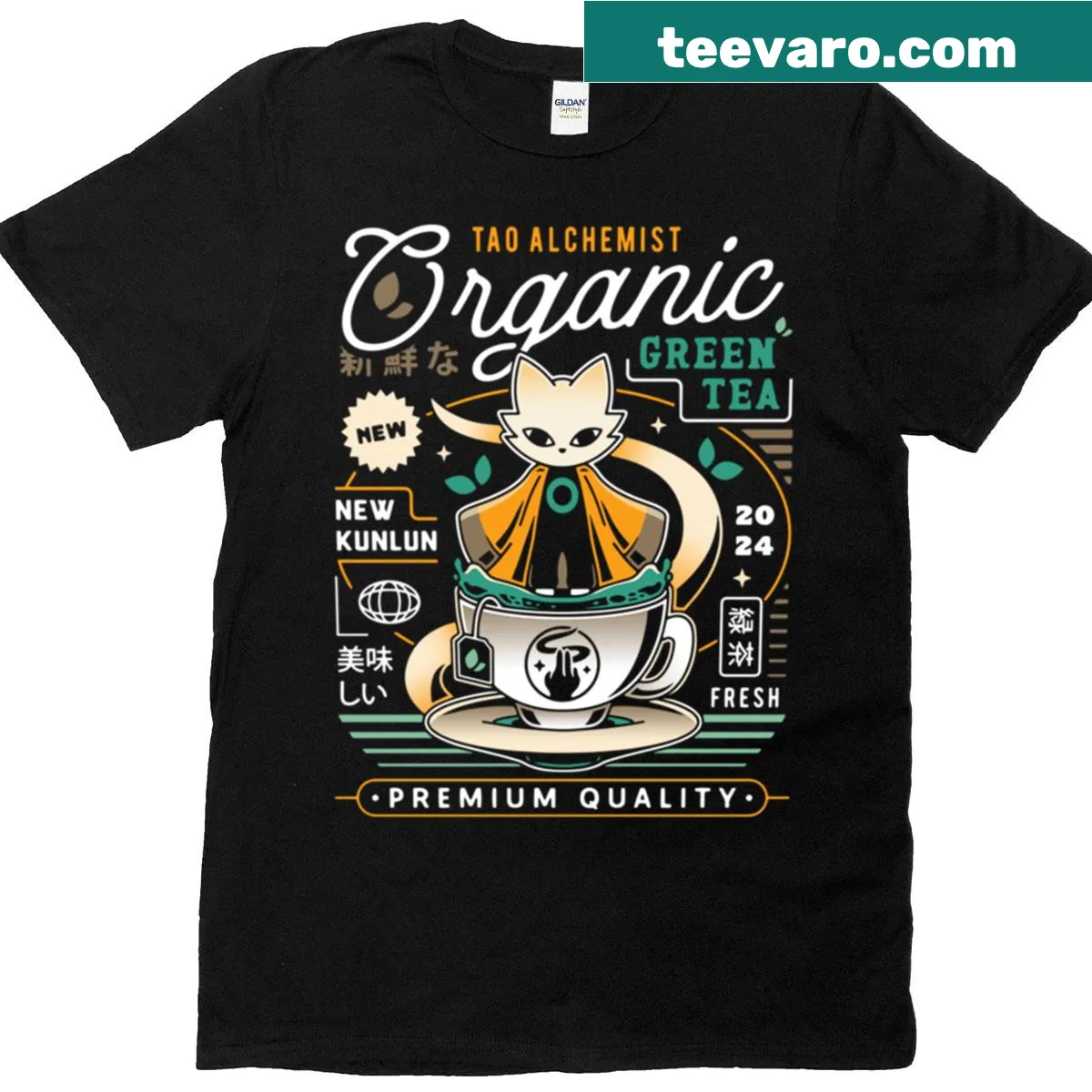 Illustrative green tea shirt featuring a whimsical alchemist design — on a men's t-shirt