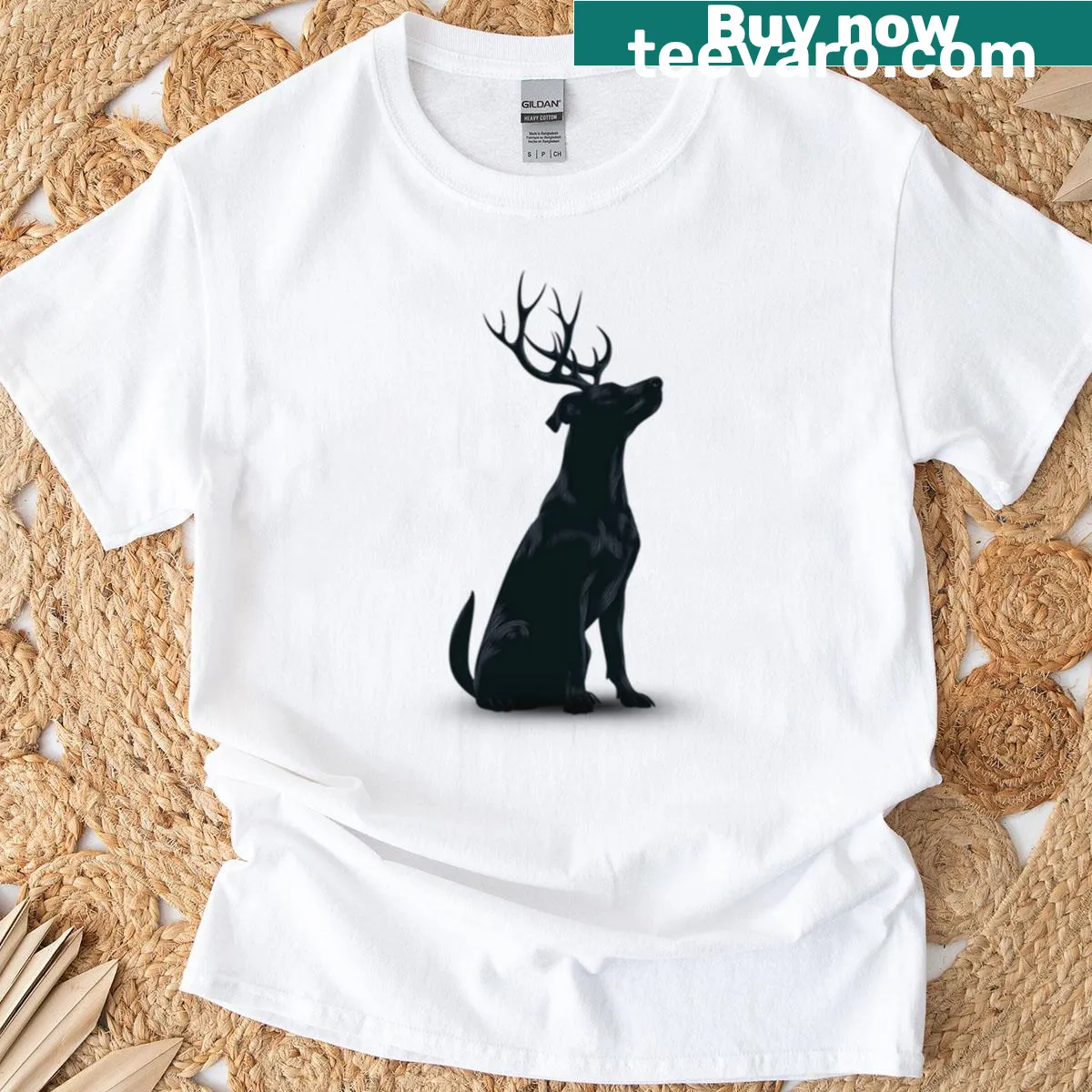 Surreal fantasy t-shirt featuring a mythical dog with antlers — on a men's t-shirt