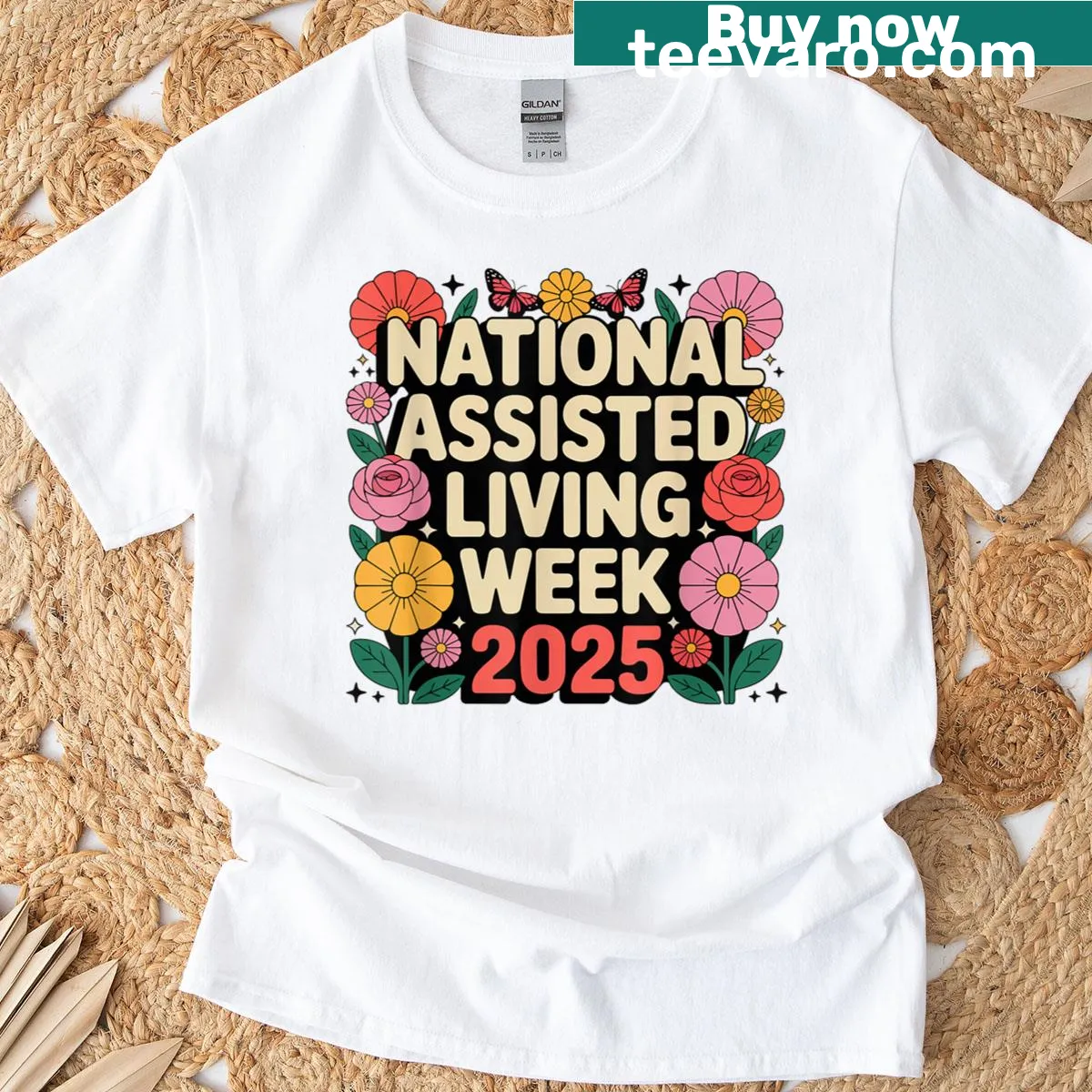 Funny healthcare T-shirt with floral design for Assisted Living Week — on a men's t-shirt