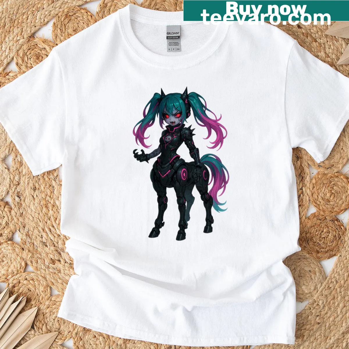 Illustration of a cyberpunk centaur girl in dark fantasy style on T-shirt — on a men's t-shirt