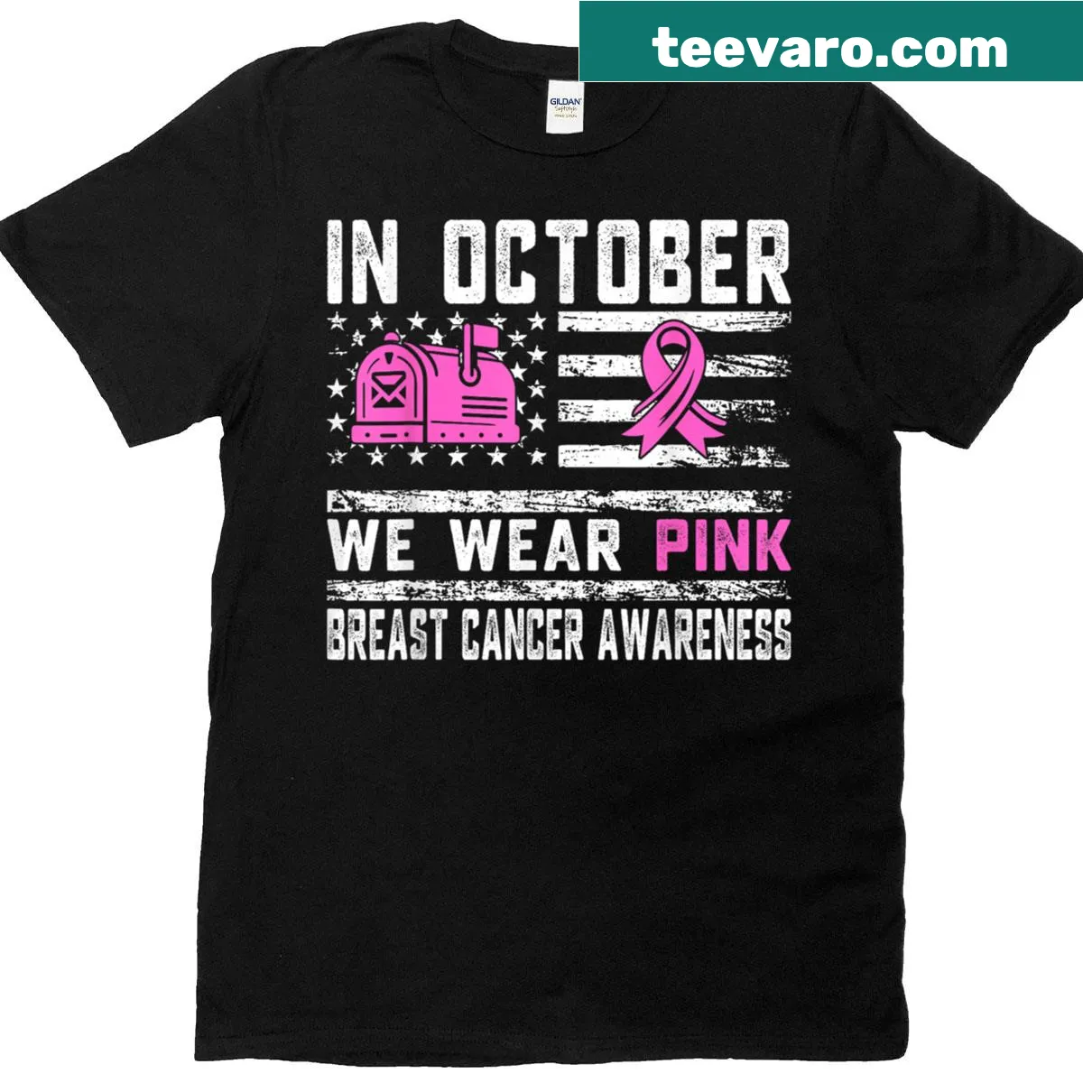 Illustrated t-shirt for postal workers promoting breast cancer awareness — on a men's t-shirt