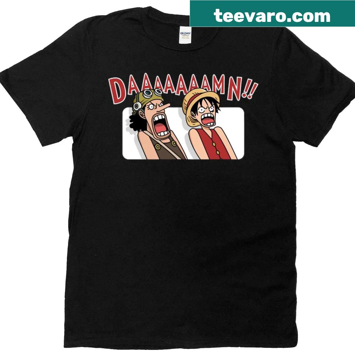 Cartoon graphic of Luffy and Usopp from One Piece with 'Daaaaamn' text — on a men's t-shirt