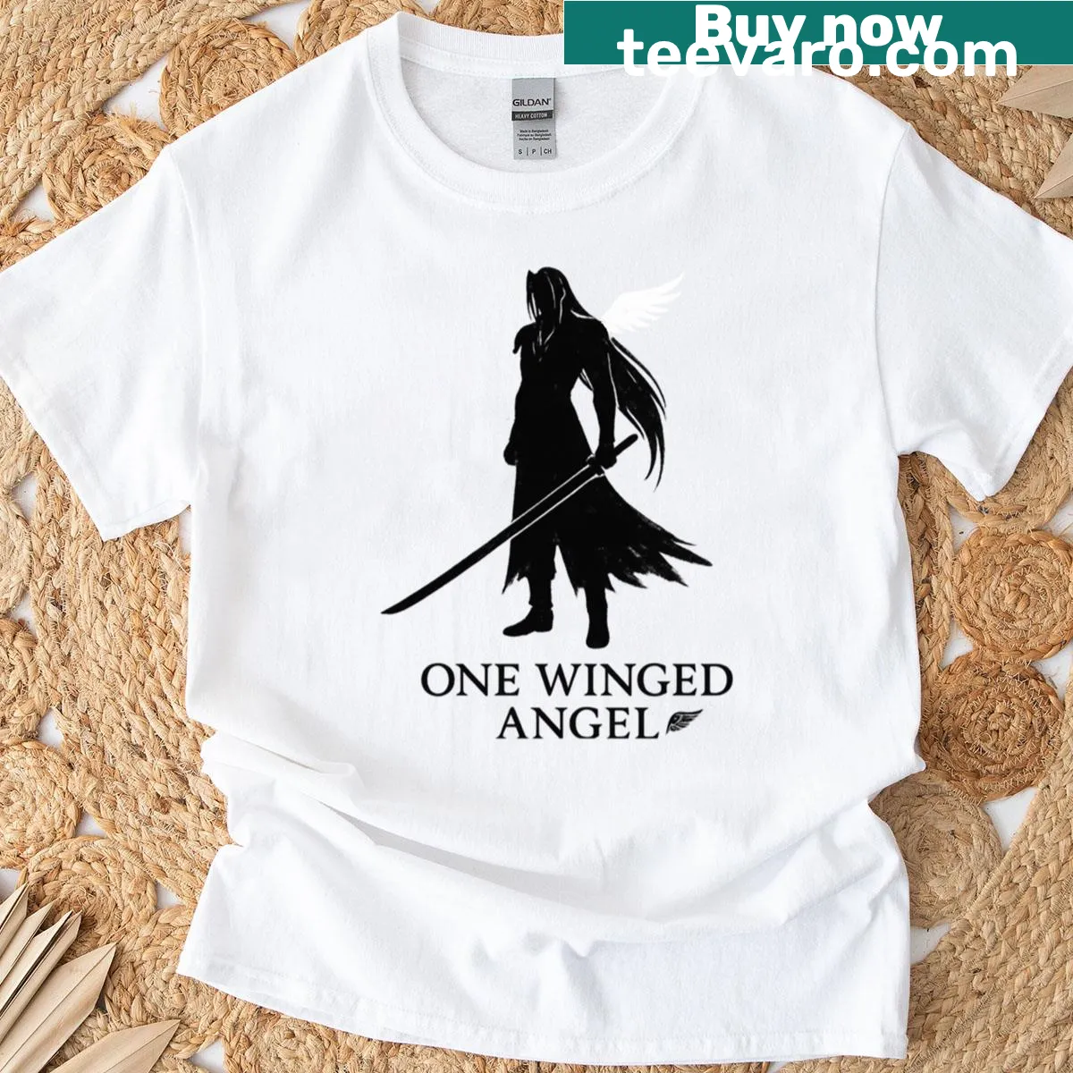 Minimalist design T-shirt featuring One Winged Angel in ink brush style. — on a men's t-shirt