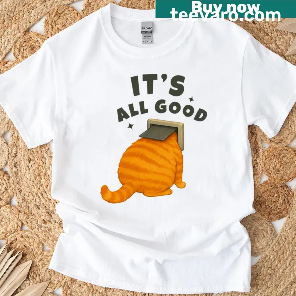 Cute illustration of an orange cat attempting to navigate a cat door.