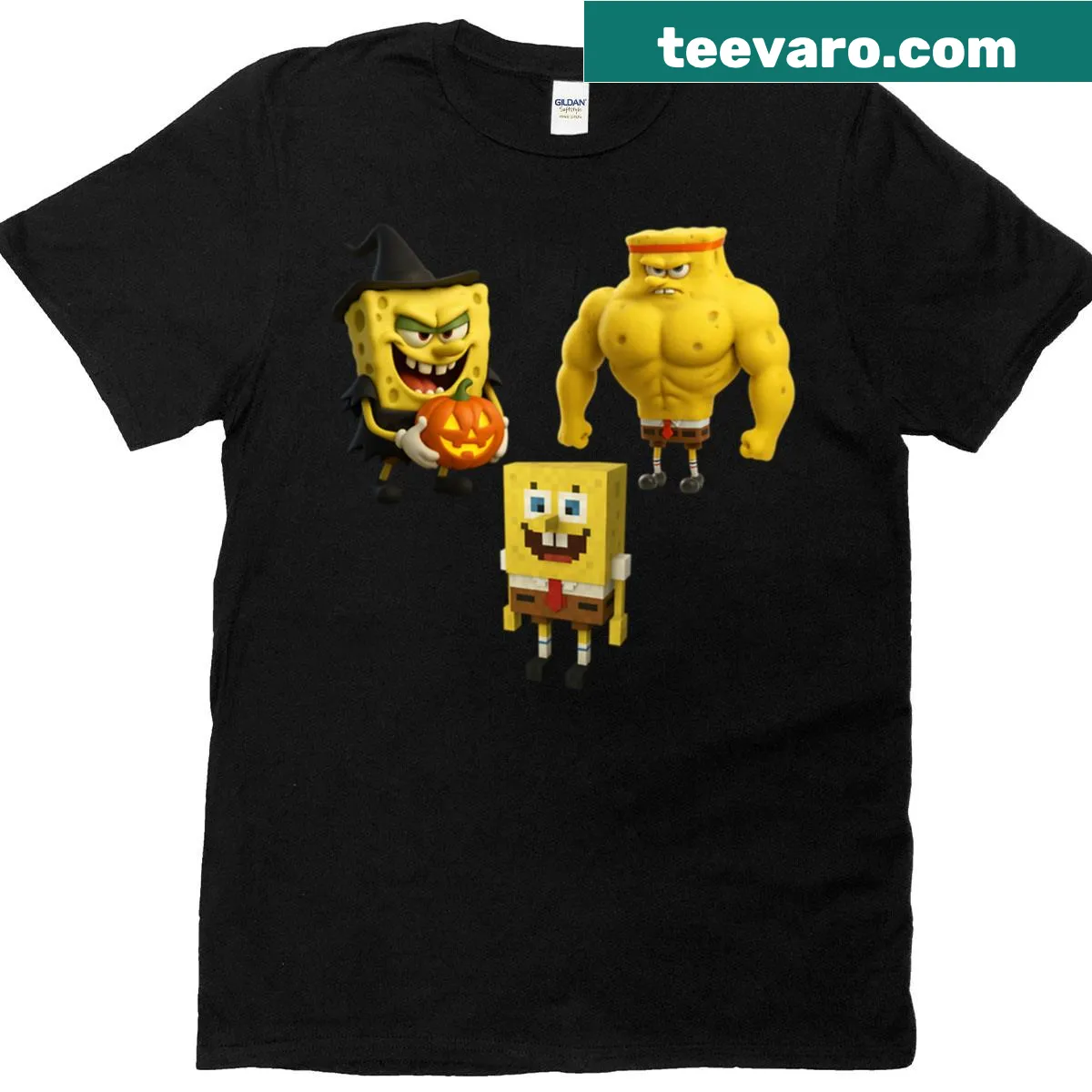 Spongebob and Patrick from Minecraft in a Halloween-themed t-shirt design — on a men's t-shirt