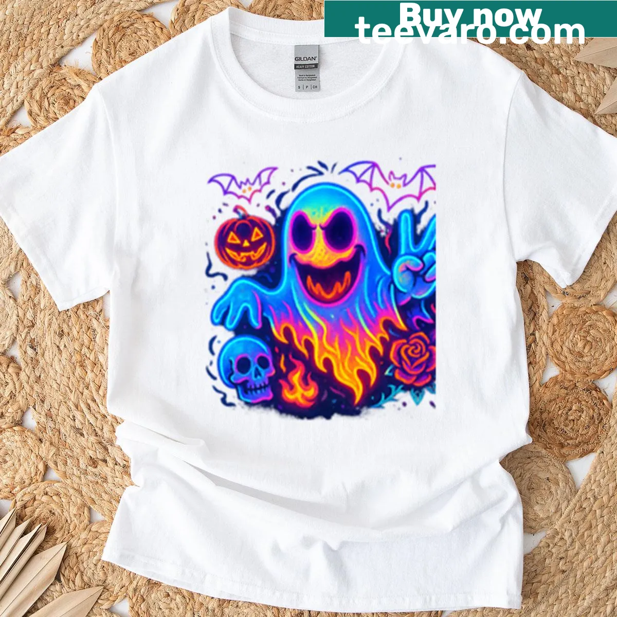 Oversized T-shirt with glowing ghost illustration promoting peace — on a men's t-shirt