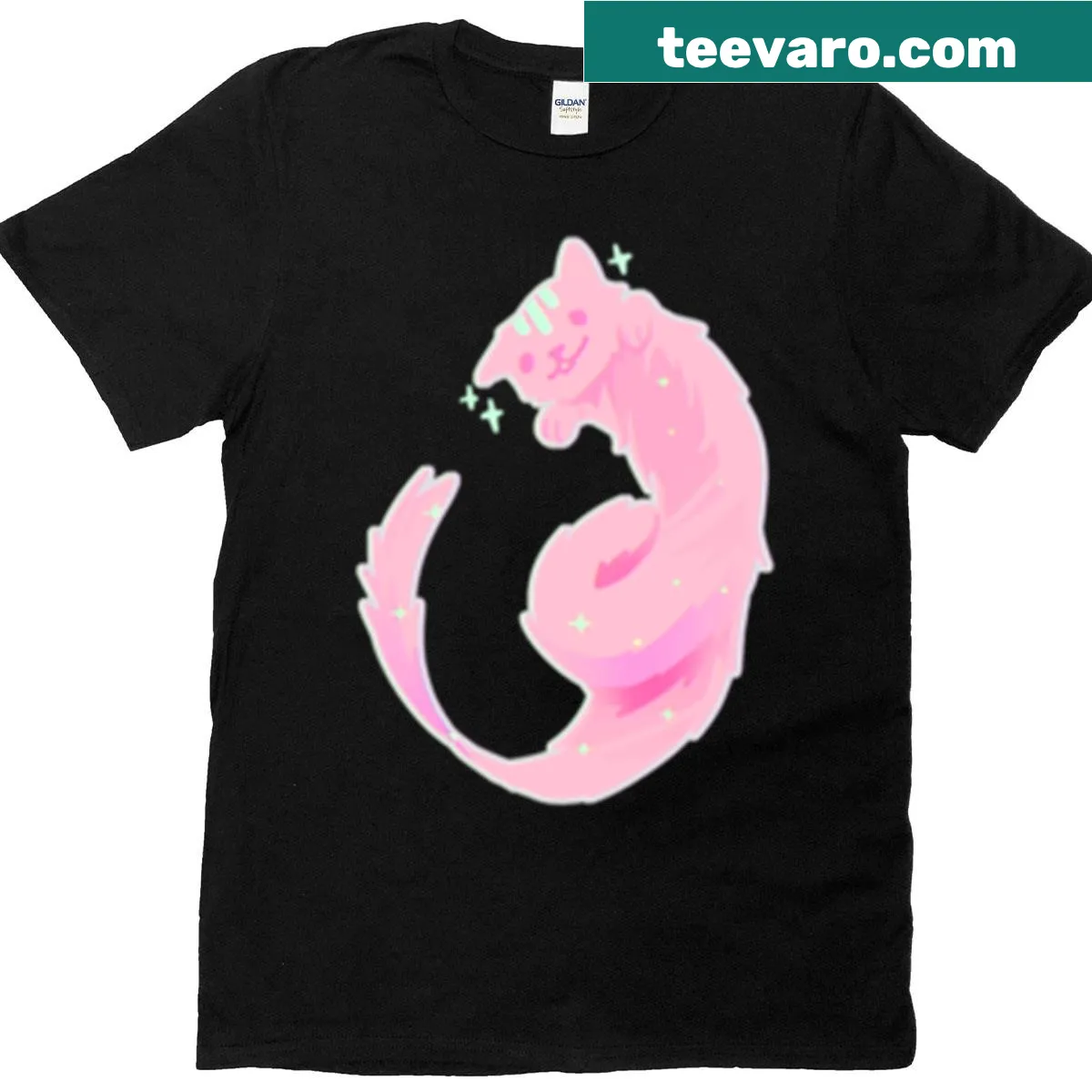 Magic space cat cartoon t-shirt design — on a men's t-shirt