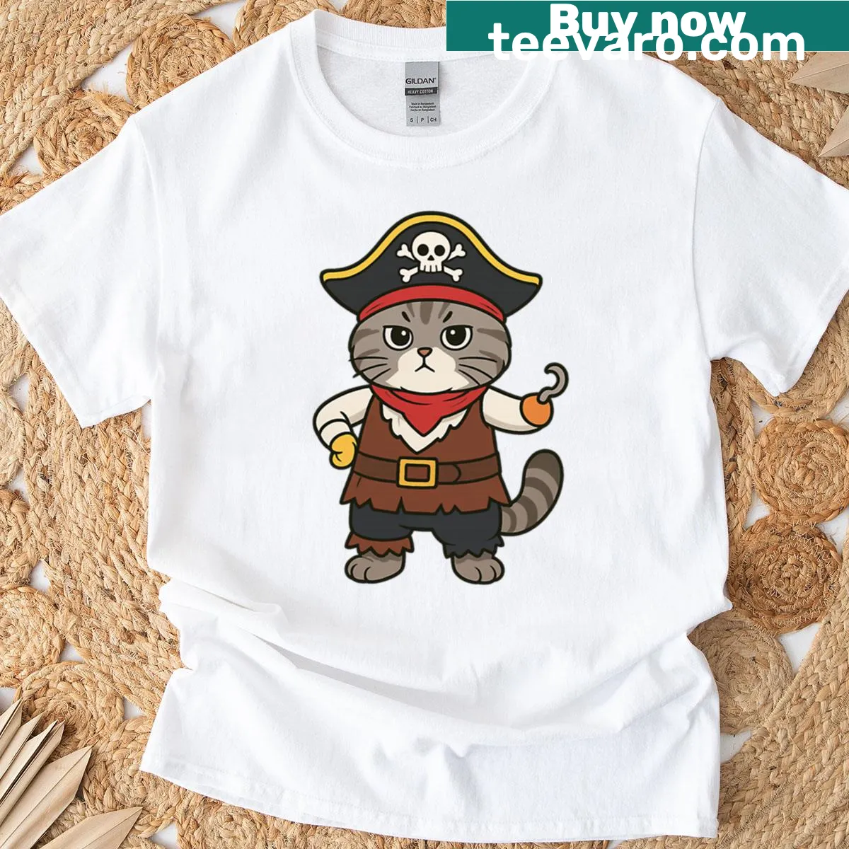 Cartoon pirate cat graphic on a playful T-shirt for cat lovers — on a men's t-shirt