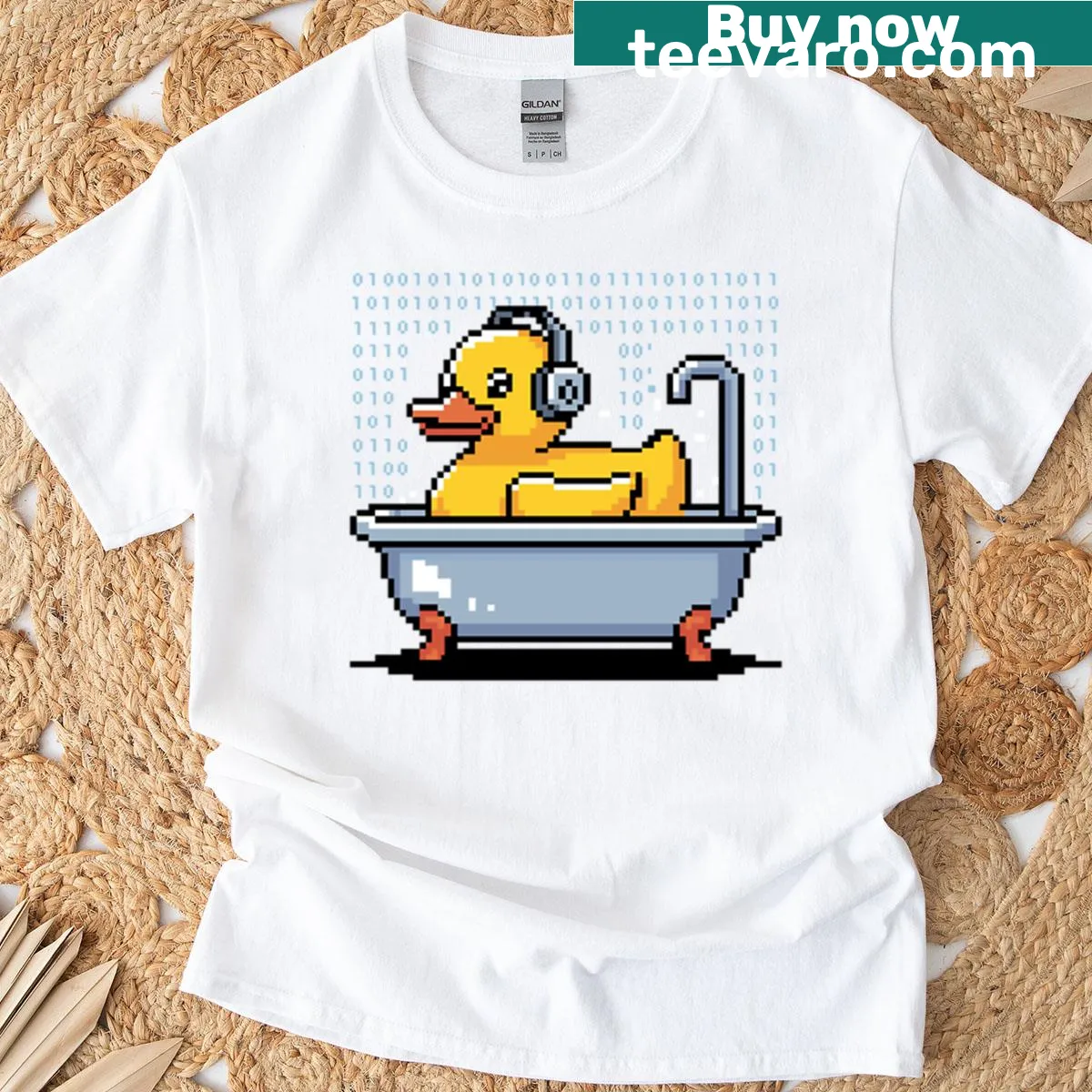 Oversized T-shirt with duck debugging code in bathtub illustration — on a men's t-shirt