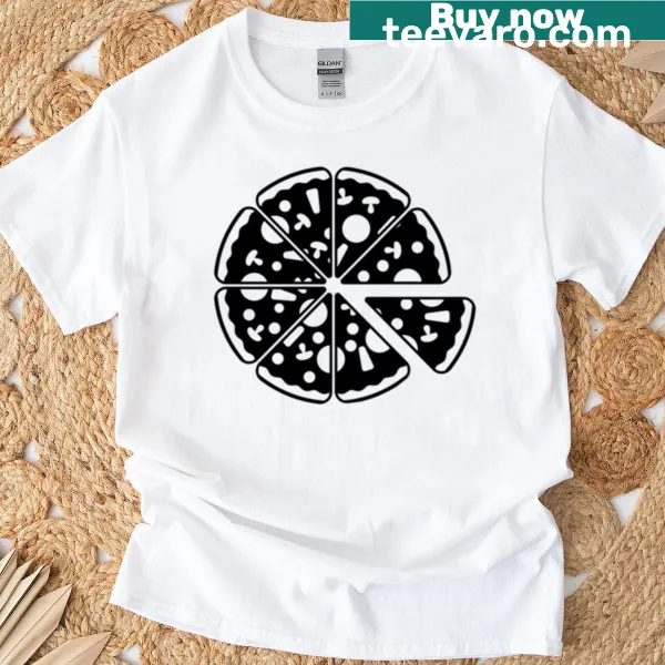 Illustrated pizza t-shirt with a slice removed graphic.