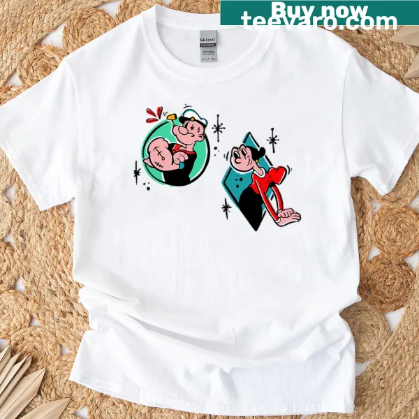 Whimsical illustration of Popeyes and olives expressing love on a T-shirt.