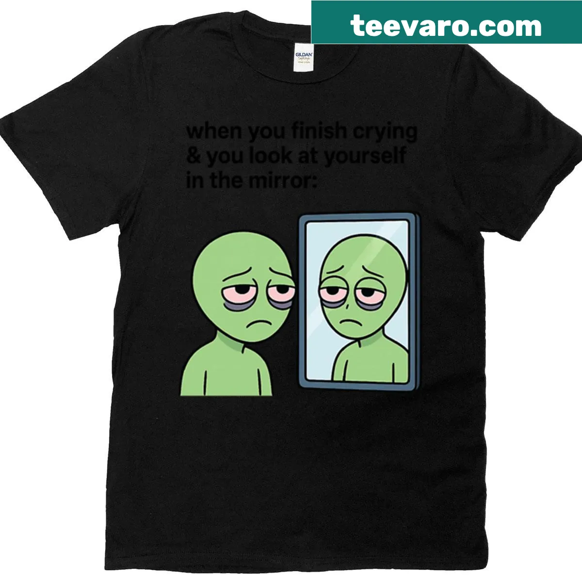 Funny t-shirt featuring a crying alien meme design — on a men's t-shirt