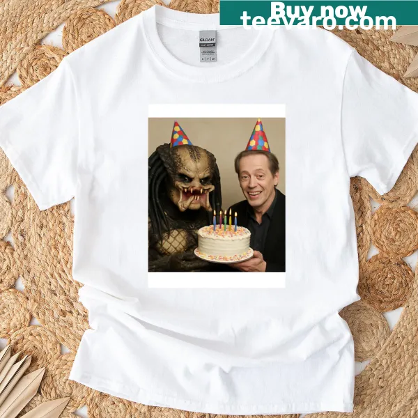 Cartoon T-shirt featuring pop culture characters in party hats