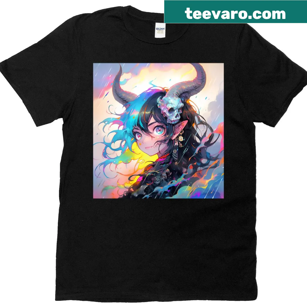 Illustration of a rain scene featuring a fantasy oni girl — on a men's t-shirt
