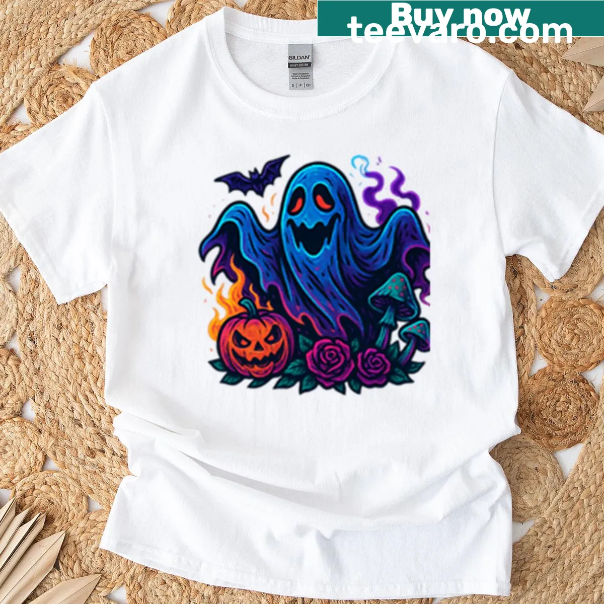 Psychedelic design of a ghost with mushrooms on t-shirt — on a men's t-shirt