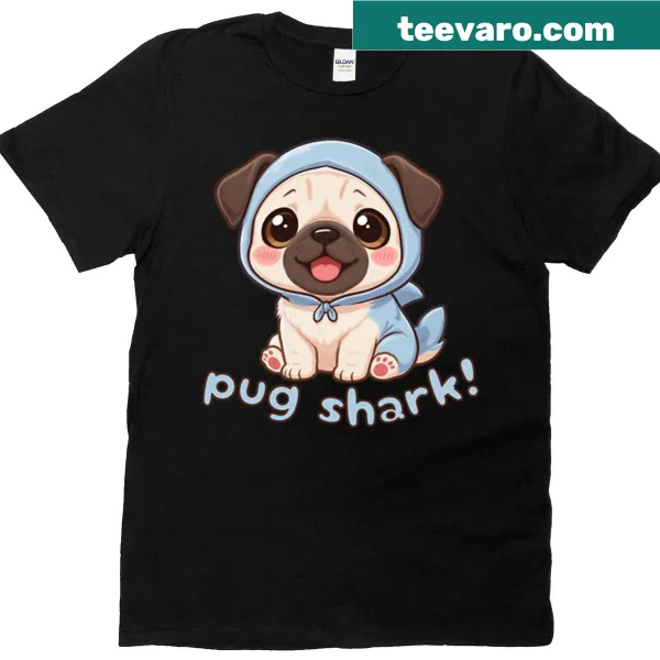 Cute cartoon T-shirt of a pug in a shark costume