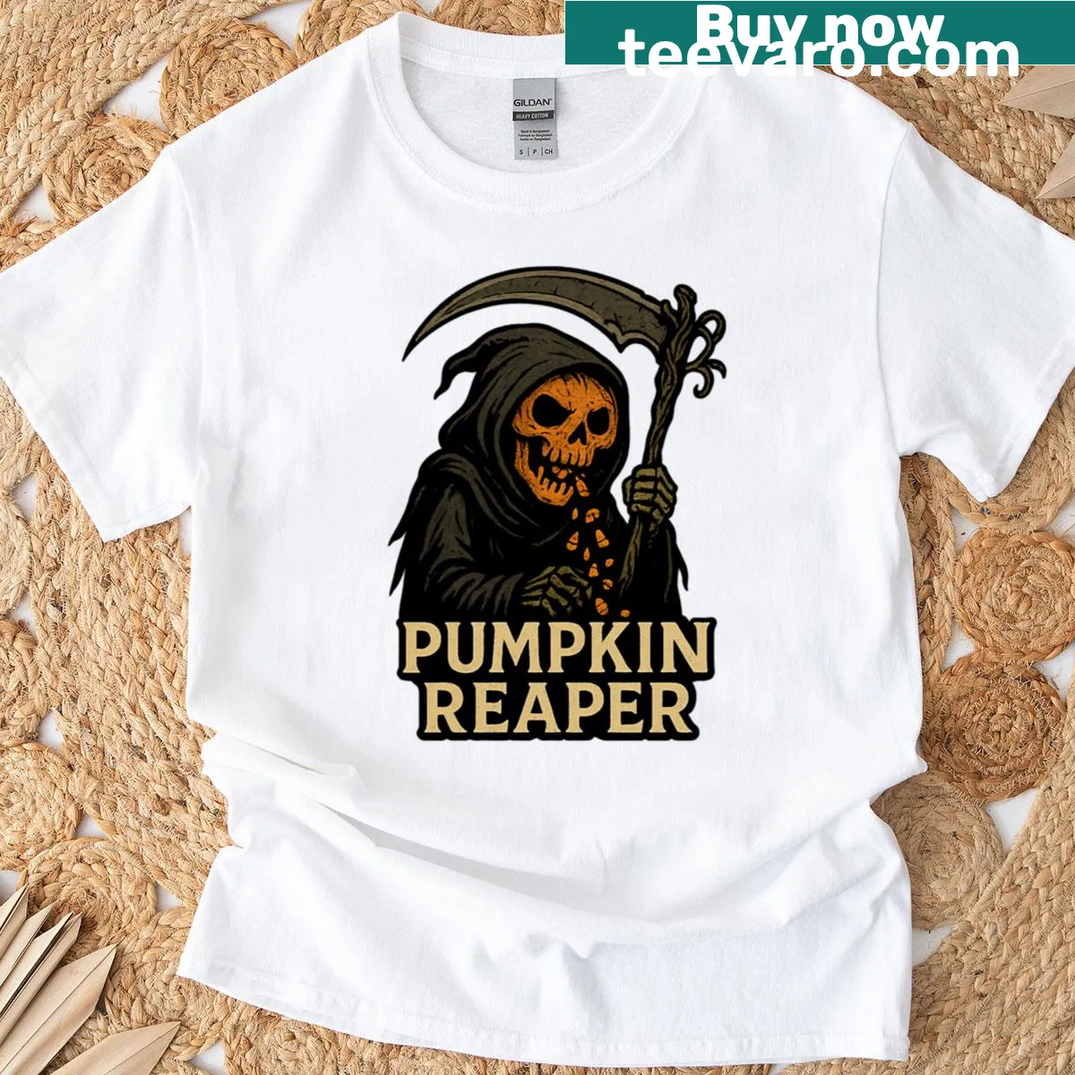 Grim Reaper holding a Jack-o-lantern Halloween themed t-shirt — on a men's t-shirt