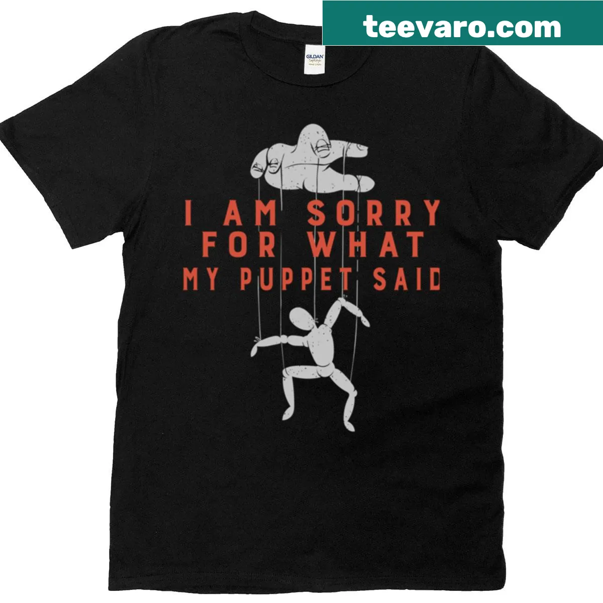 Illustrated puppet graphic on a humorous t-shirt — on a men's t-shirt
