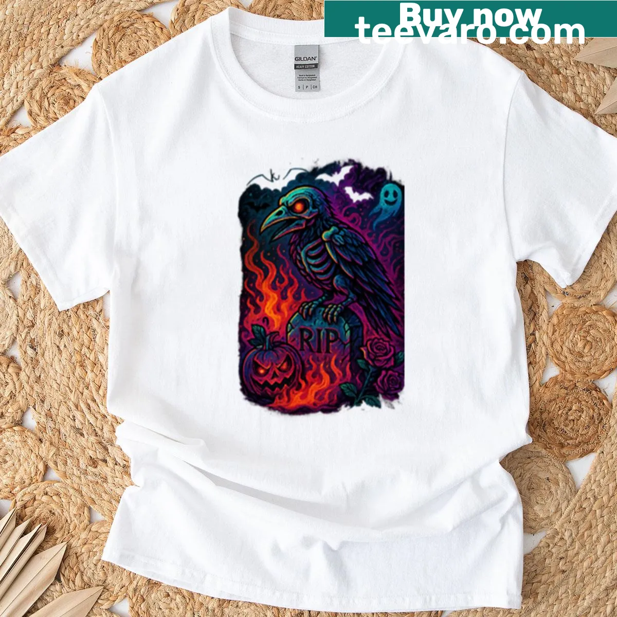 Mystical raven surrounded by stylized flames — on a men's t-shirt