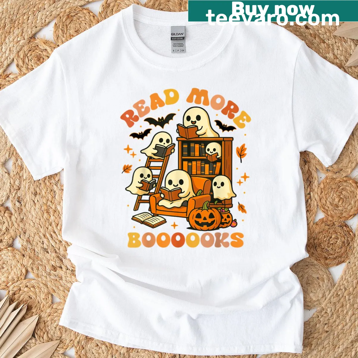 Ghost reading a book design for Halloween on a t-shirt — on a men's t-shirt