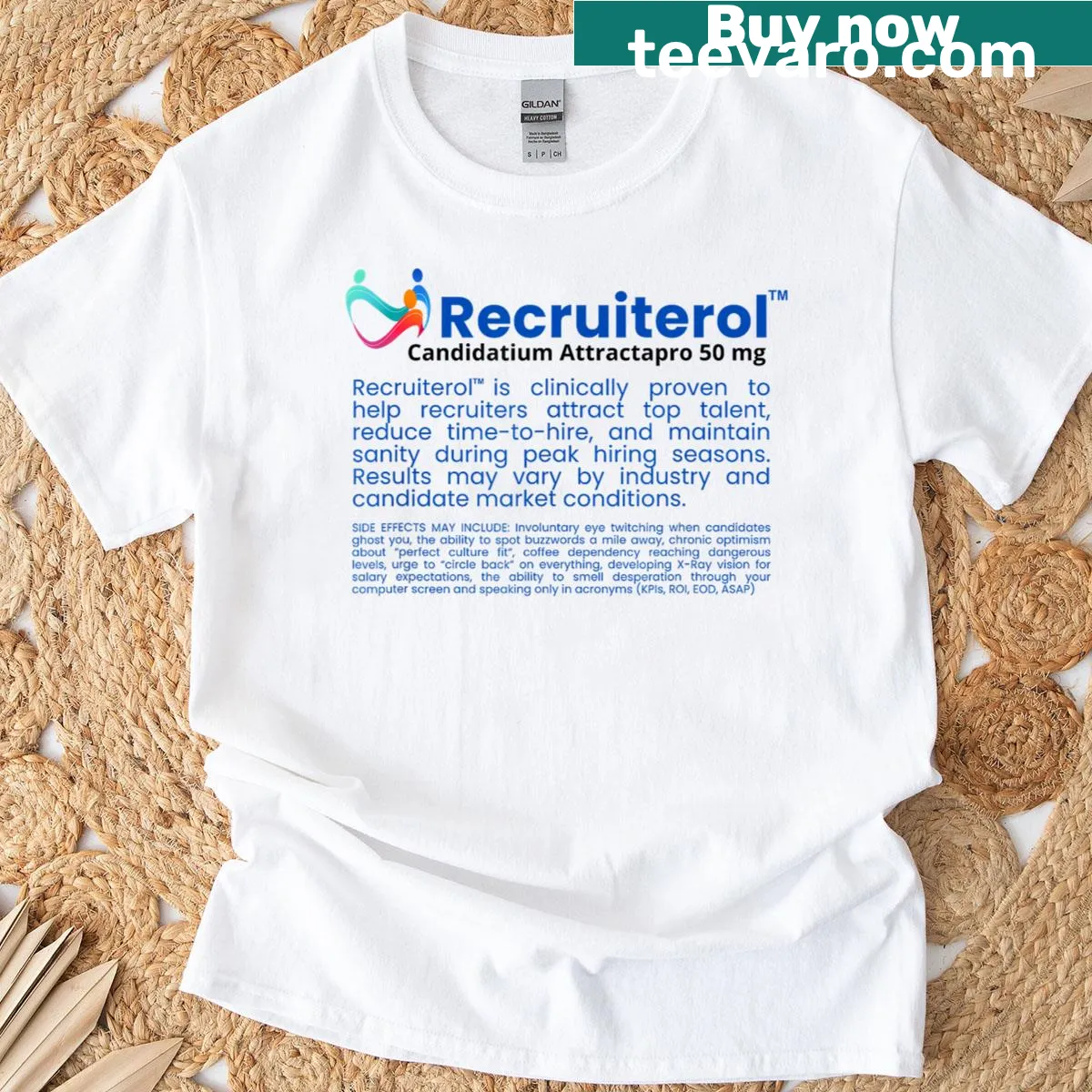 Funny prescription parody shirt for recruiters with humorous text — on a men's t-shirt