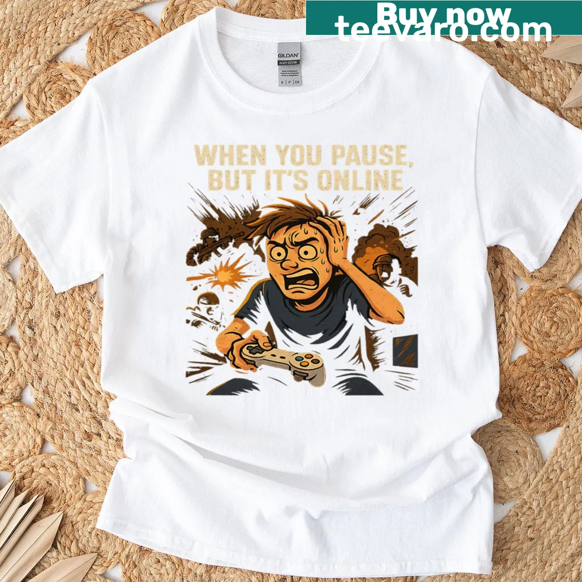 Cartoon gaming memes illustrated on a humorous t-shirt — on a men's t-shirt