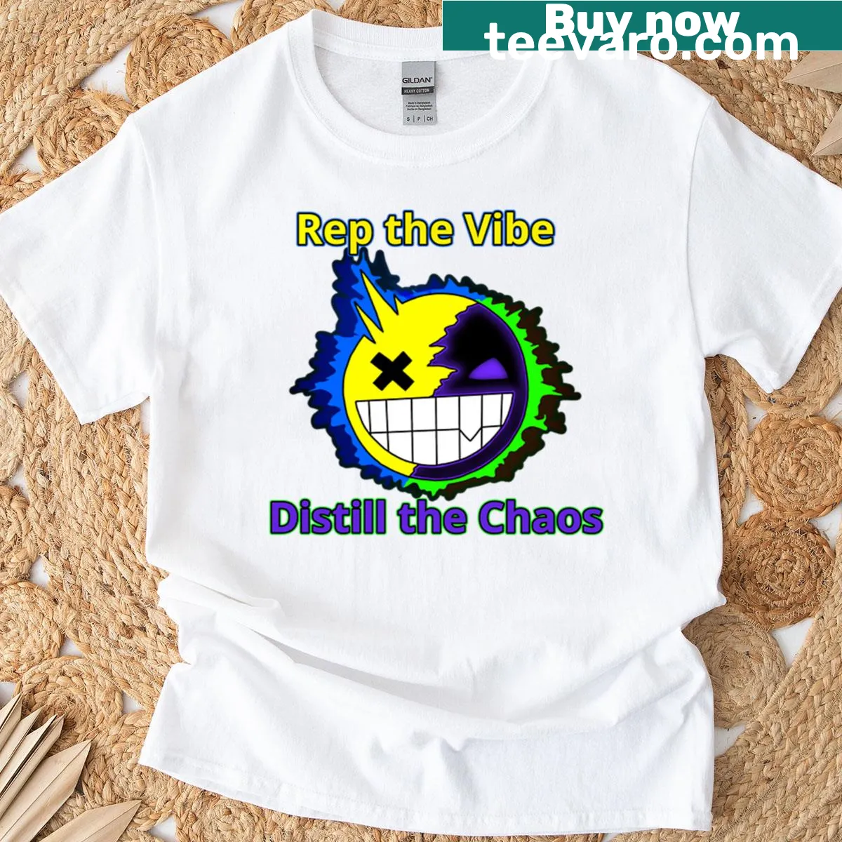 Inspirational typography T-shirt with the quote 'Distill the Chaos' — on a men's t-shirt