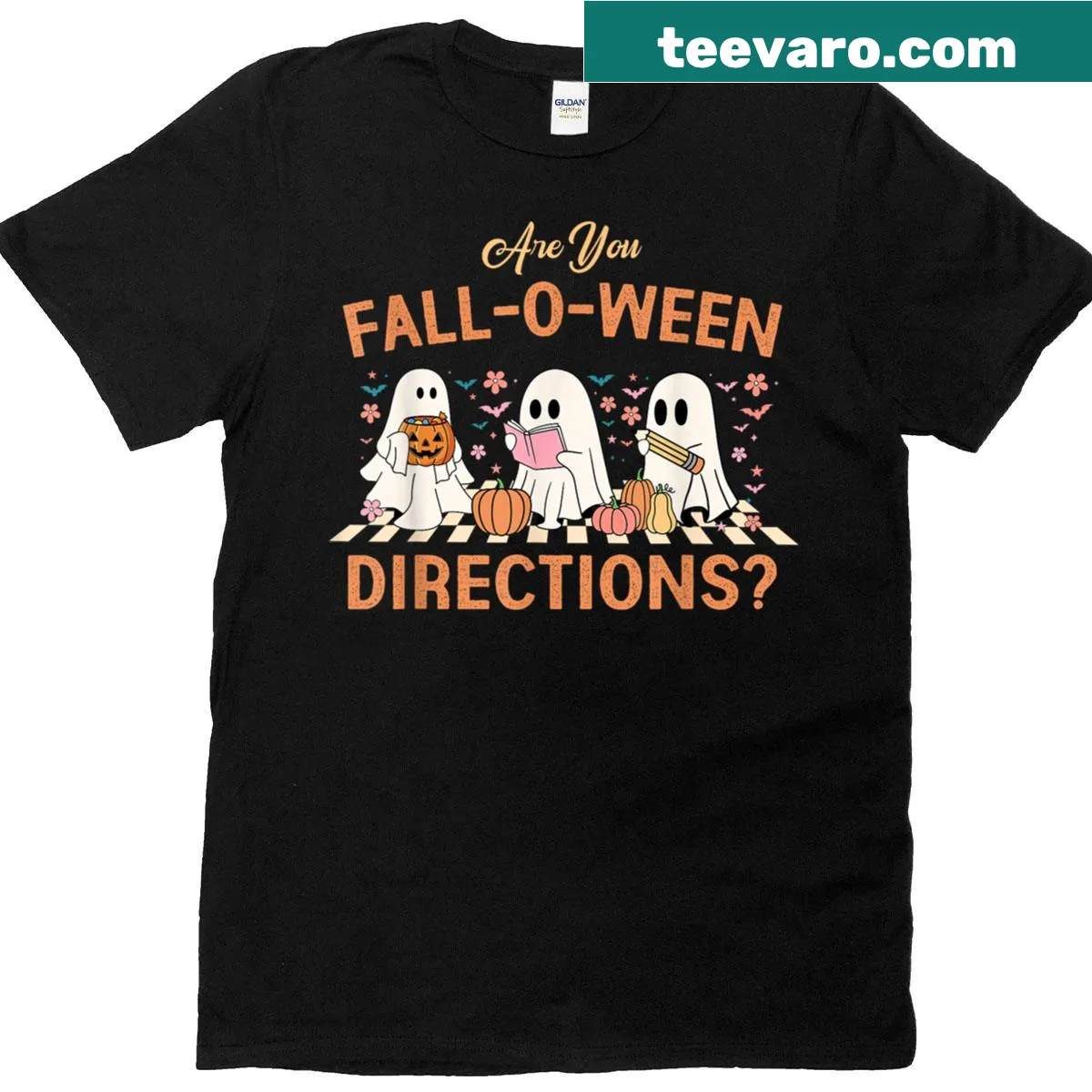 Cartoon Halloween teacher-themed T-shirt with ghost design. — on a men's t-shirt