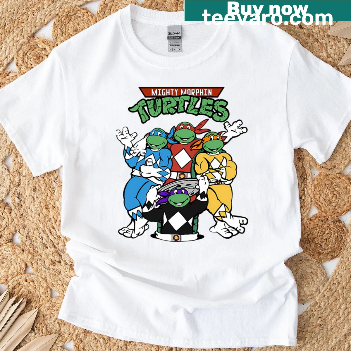 Illustrative Ninja T-shirt featuring retro ninja turtles — on a men's t-shirt