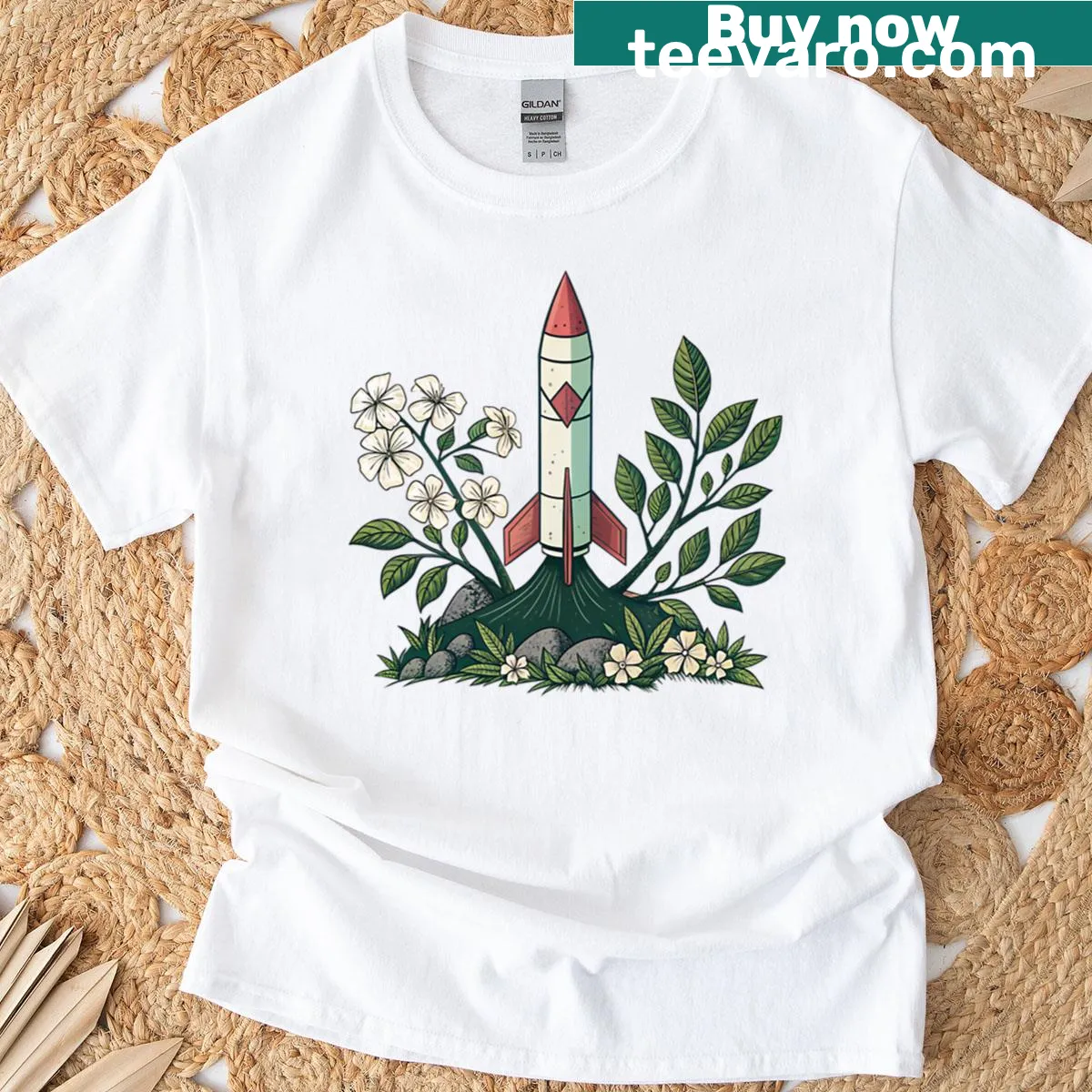 Illustration of a rocket launch amidst nature and blooming flowers on a t-shirt — on a men's t-shirt