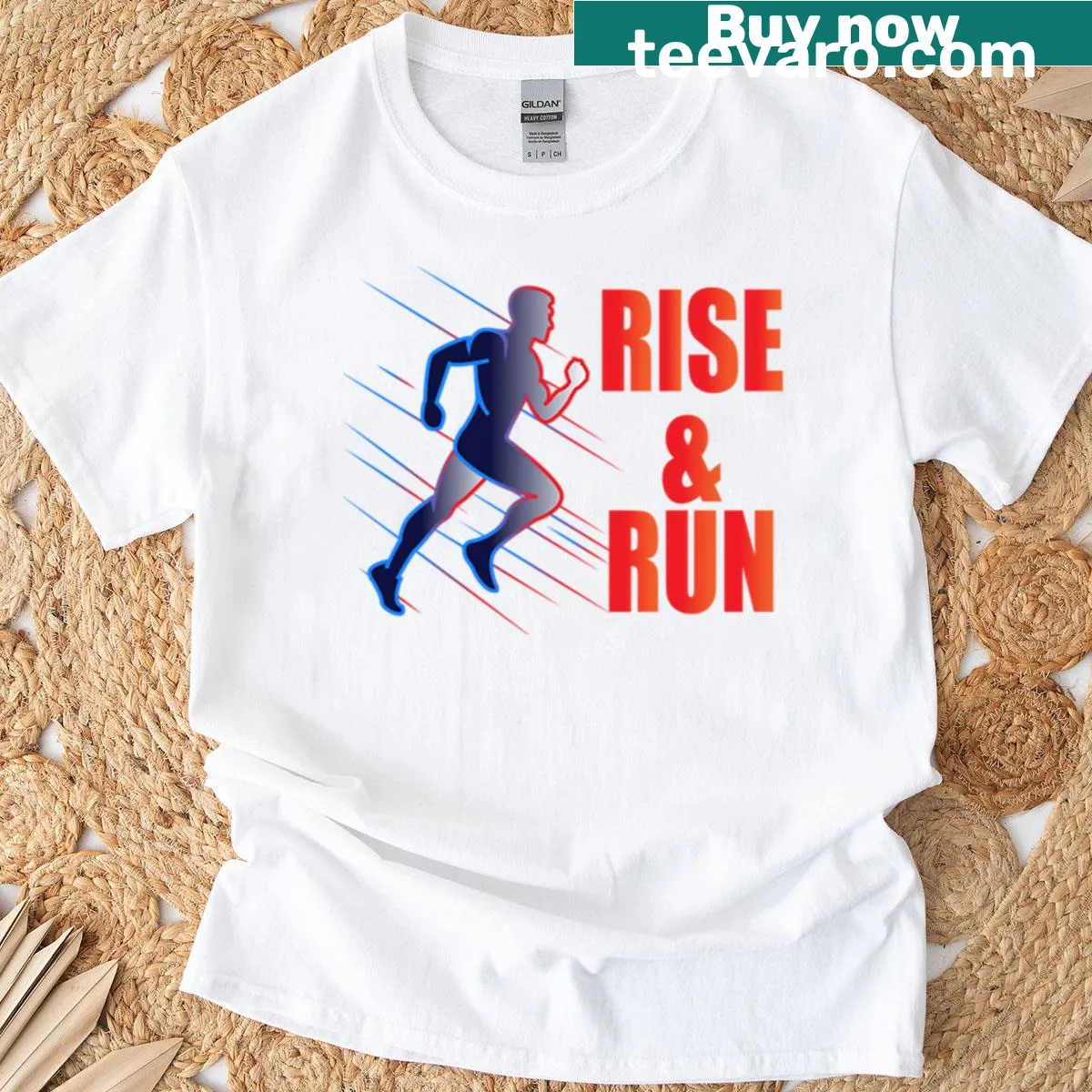 Inspirational t-shirt with bold typography saying Rise Run — on a men's t-shirt