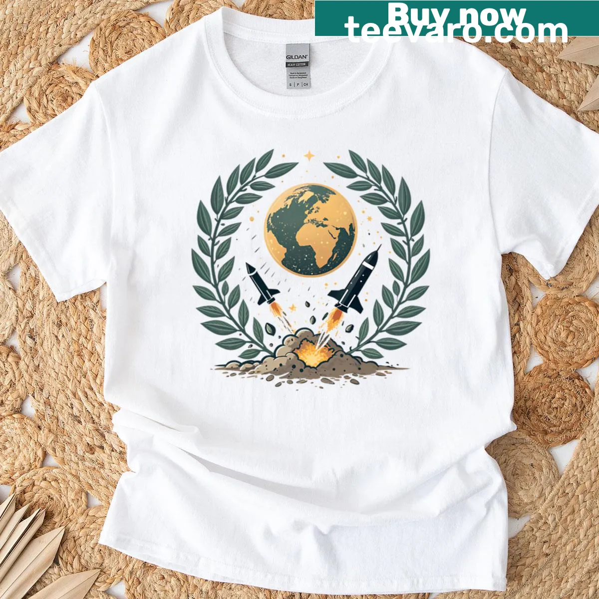 Graphic t-shirt featuring a rocket launch within a laurel wreath — on a men's t-shirt