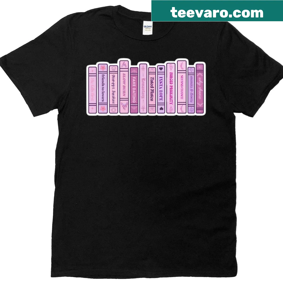 Cute book stack graphic with romance tropes in pink aesthetic — on a men's t-shirt