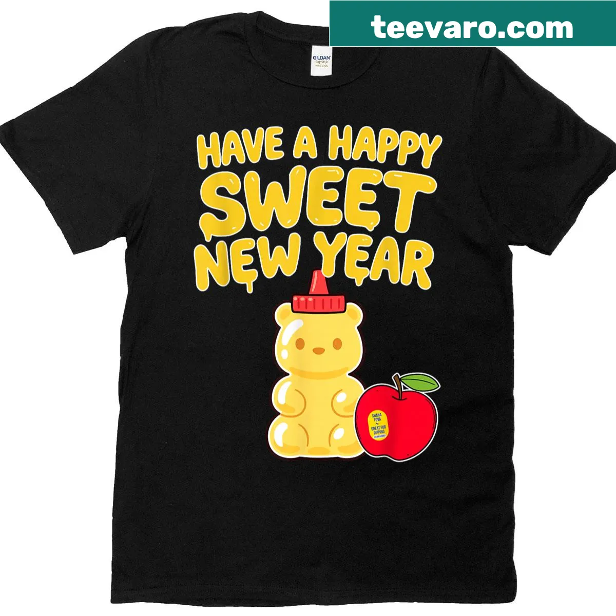Illustration of a honey bear with 'Happy Sweet New Year' text for Rosh Hashanah — on a men's t-shirt