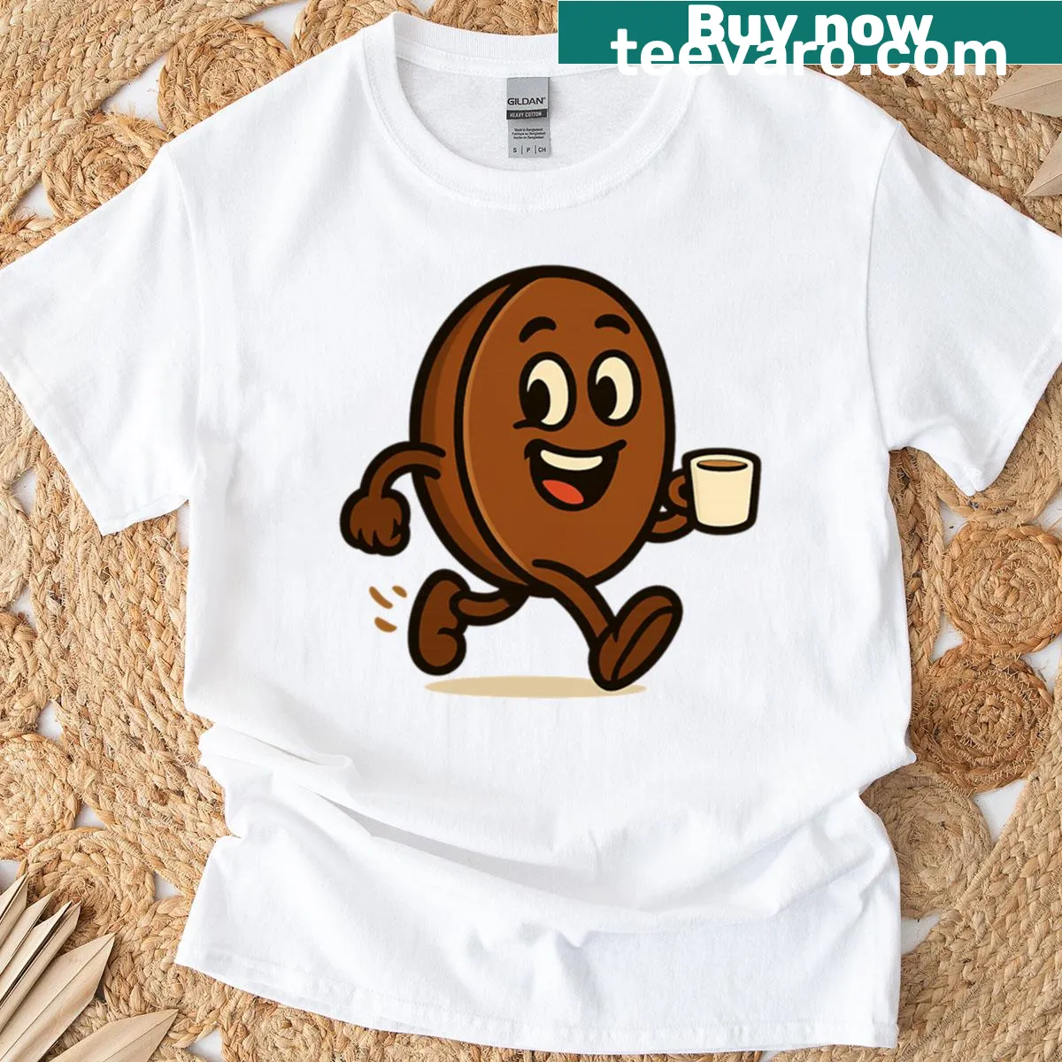 Playful t-shirt featuring a running coffee bean mascot — on a men's t-shirt