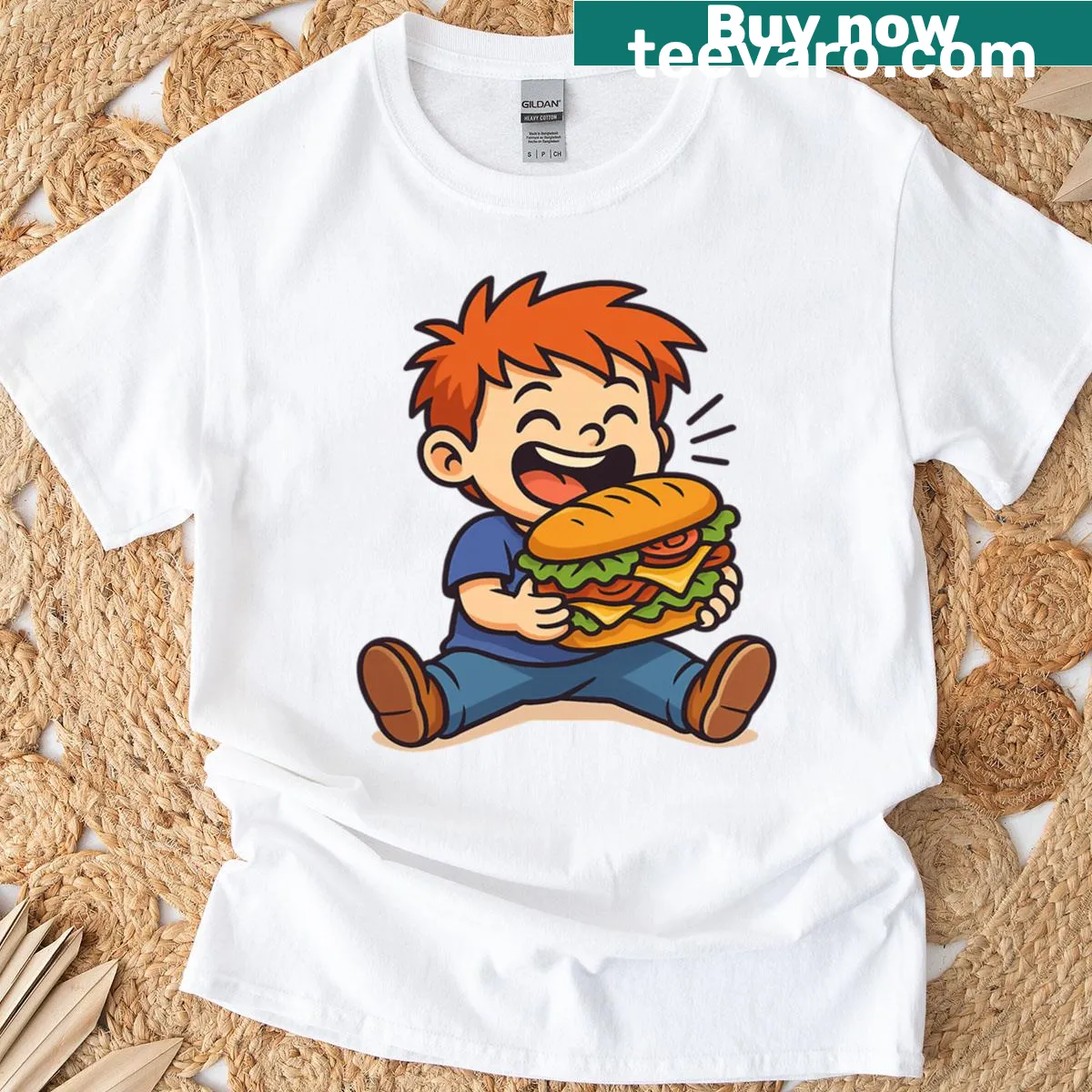 Cartoon of a boy eating a giant sandwich on a t-shirt. — on a men's t-shirt