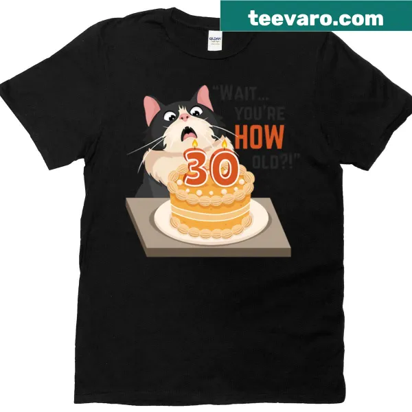 Shocked cat cartoon with birthday cake graphic for 30th birthday