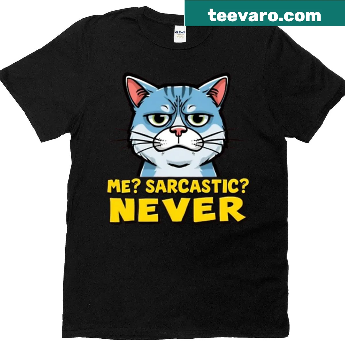 Humorous oversized cat meme T-shirt with a sarcastic saying. — on a men's t-shirt