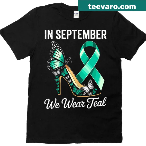 Teal ribbon graphic T-shirt for ovarian cancer awareness