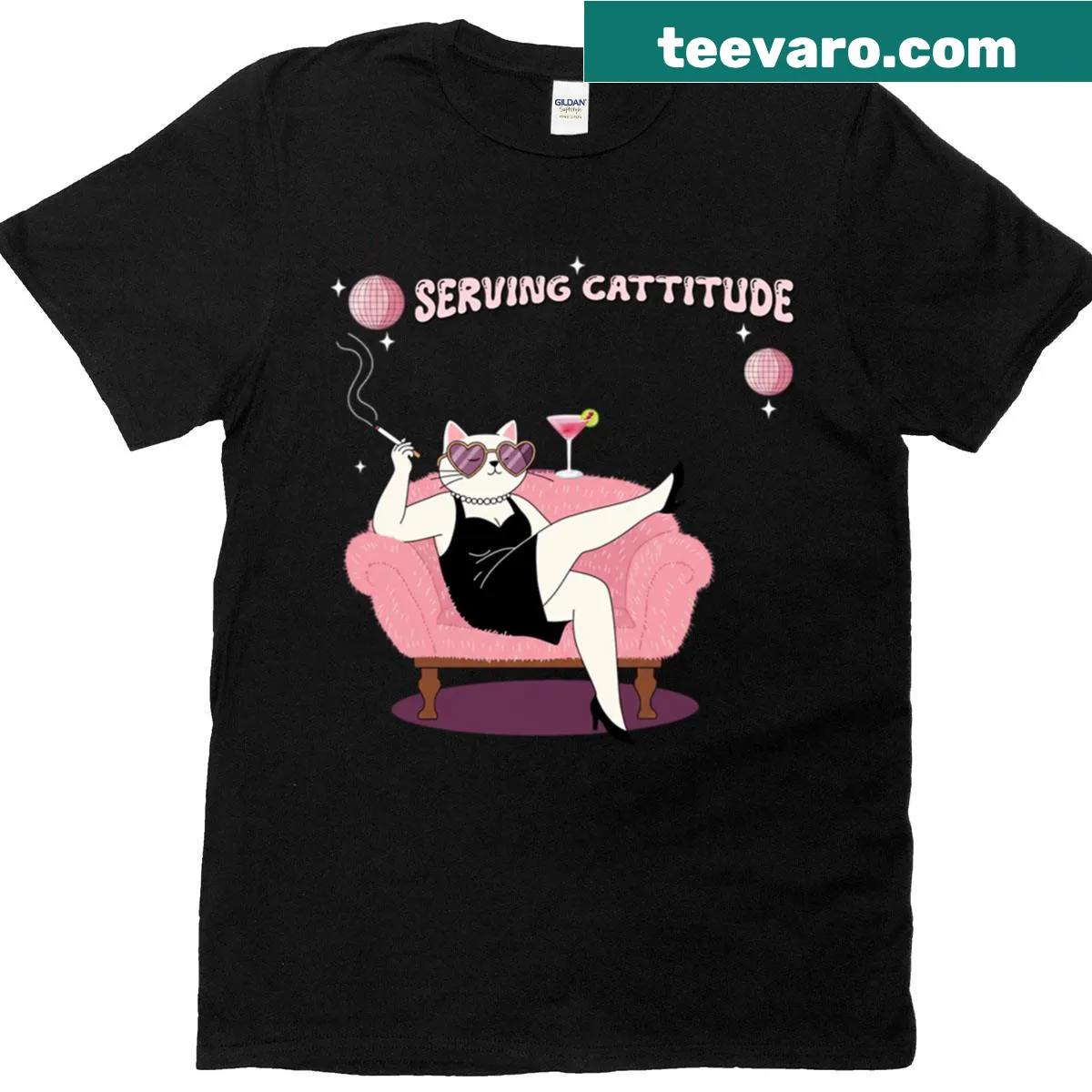 Vintage-style T-shirt with 'Serving Cattitude' text and cat illustrations — on a men's t-shirt