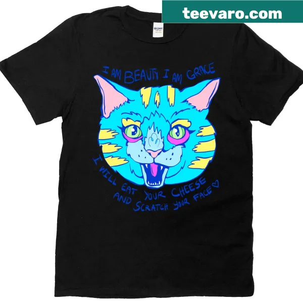 Illustrative cat art T-shirt with the phrase 'She Is Beauty She Is Grace'.